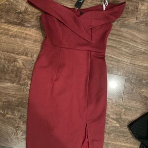 Lulu's Red Off-Shoulder Slit Wrap Dress